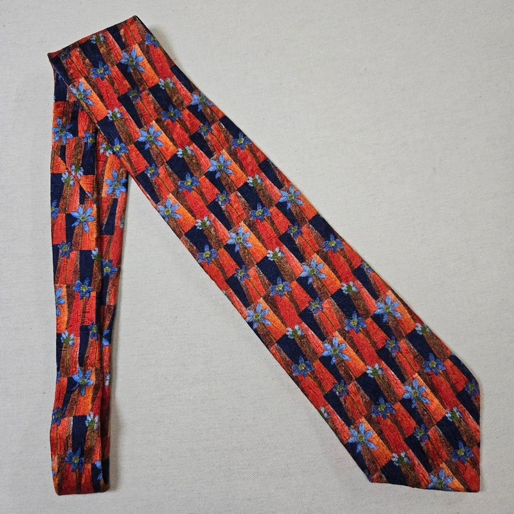 Ermenegildo Zegna Vintage Tie Silk 1990s Orange Navy Floral Made Italy‎ Designer